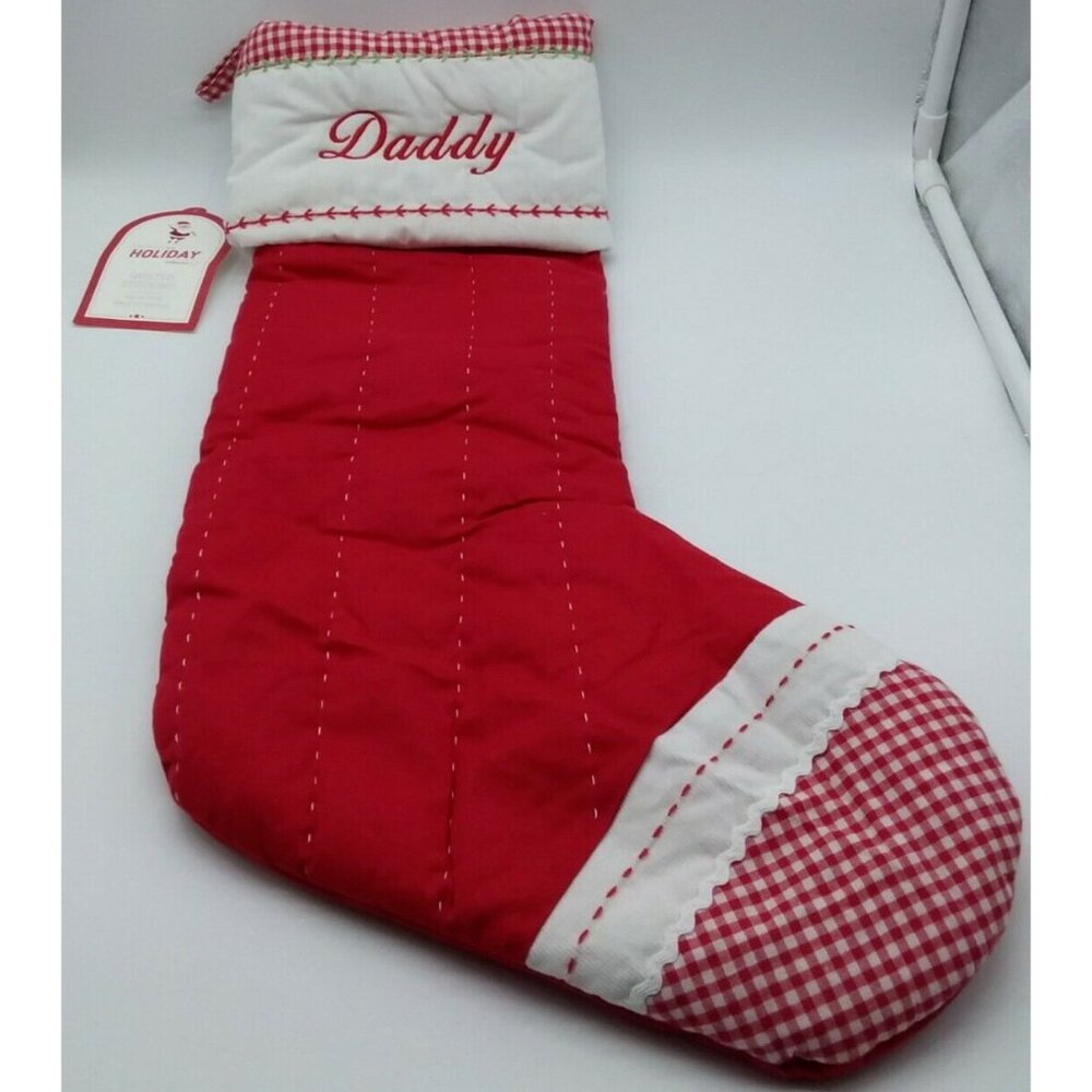 Pottery Barn Kids Daddy Christmas Stocking Gingham Holiday Quilted Red Xmas